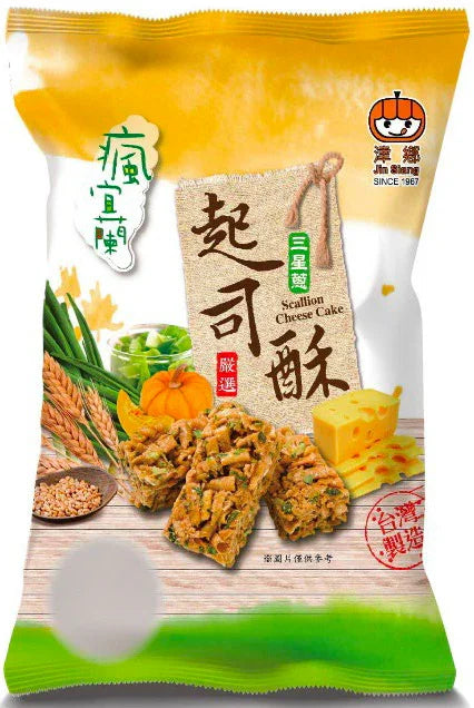 Package of Jin Siang Scallion Cheese Cake snack with cheese, scallions, pumpkin, and wheat on packaging