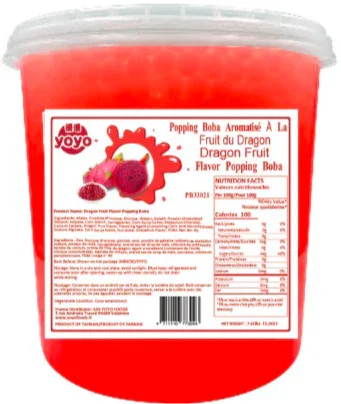 Pot transparent de perles éclatantes saveur fruit du dragon Yoyo, étiquette nutritionnelle visible