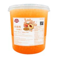 Pot de topping pêche en morceaux translucide orange avec étiquette et couvercle