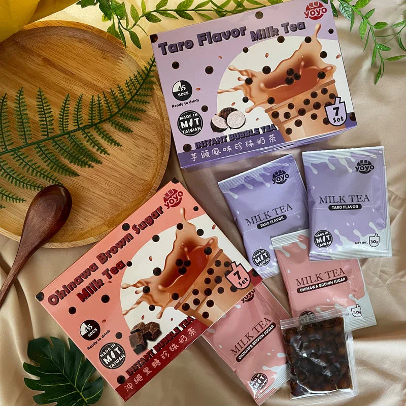Kit de bubble tea instantané aux saveurs taro et sucre brun d'Okinawa avec paquets individuels et perles de tapioca