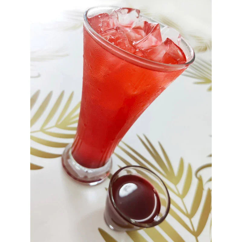 Boisson rouge rafraîchissante avec glaçons dans un verre haut, accompagnée d'un petit verre de sirop concentré sur fond décor feuillage